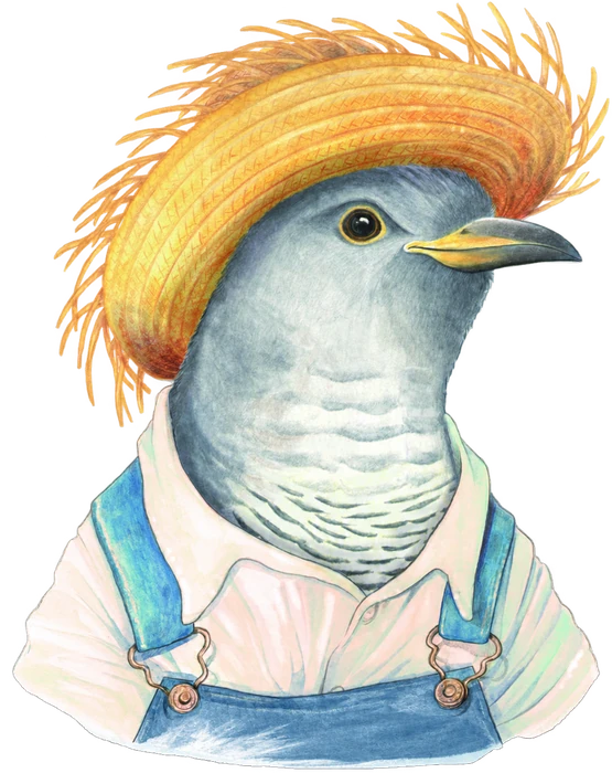 Cuckoo, el pájaro con sombrero de paja y peto vaquero